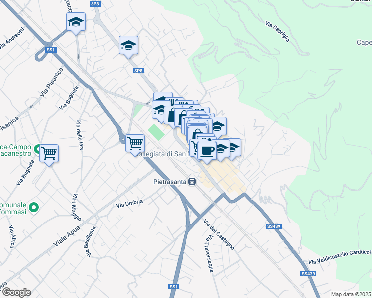 map of restaurants, bars, coffee shops, grocery stores, and more near 33 Via Sarzanese Valdera in Pietrasanta