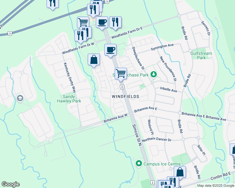 map of restaurants, bars, coffee shops, grocery stores, and more near in Oshawa