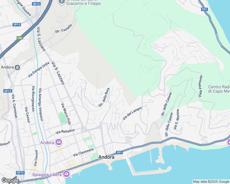 map of restaurants, bars, coffee shops, grocery stores, and more near 23 Via Mezz'Acqua in Marina di Andora