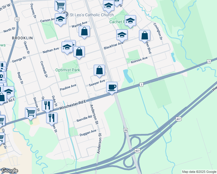 map of restaurants, bars, coffee shops, grocery stores, and more near 50 Knox Crescent in Whitby