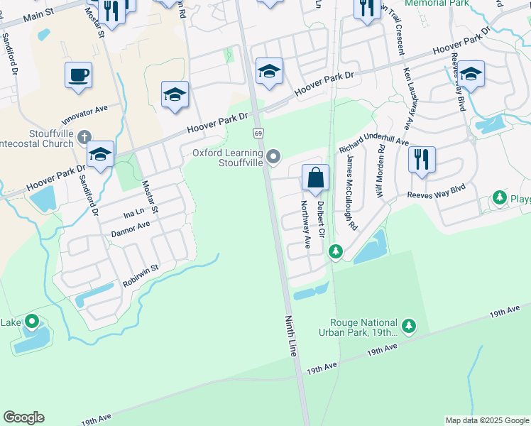 map of restaurants, bars, coffee shops, grocery stores, and more near 11750 Ninth Line in Whitchurch-Stouffville