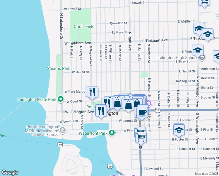 map of restaurants, bars, coffee shops, grocery stores, and more near 303 North William Street in Ludington