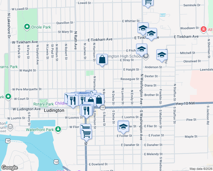 map of restaurants, bars, coffee shops, grocery stores, and more near 304 North Rowe Street in Ludington