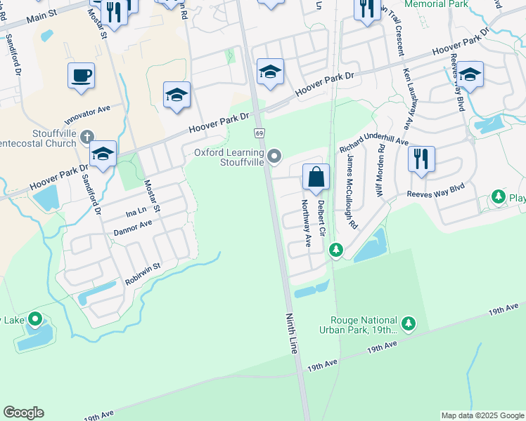map of restaurants, bars, coffee shops, grocery stores, and more near 11782 Ninth Line in Whitchurch-Stouffville