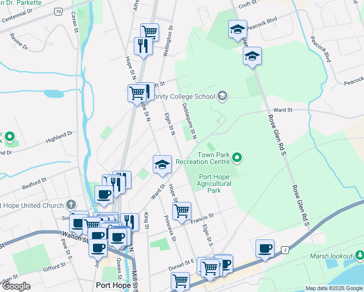 map of restaurants, bars, coffee shops, grocery stores, and more near 19 Elgin Street North in Port Hope