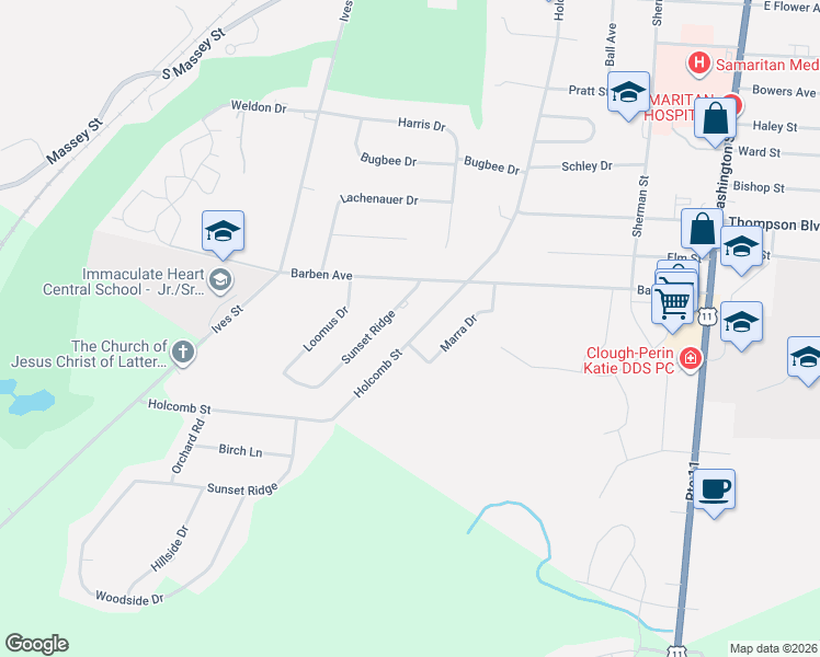 map of restaurants, bars, coffee shops, grocery stores, and more near 1391 Marra Drive in Watertown