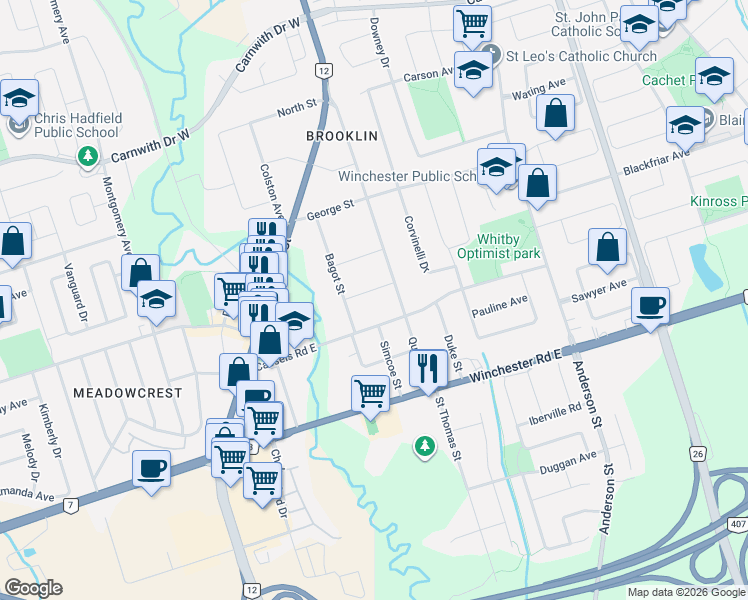 map of restaurants, bars, coffee shops, grocery stores, and more near 9 Charles Street in Whitby