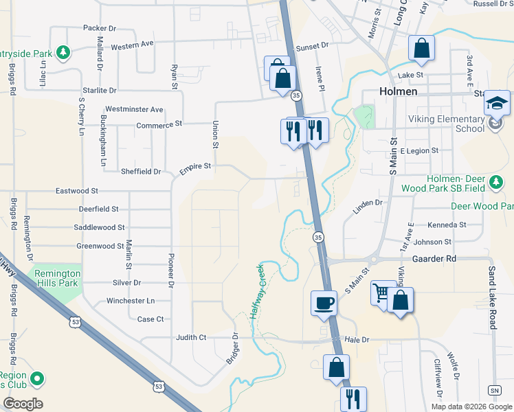 map of restaurants, bars, coffee shops, grocery stores, and more near 608 South Star Road in Holmen