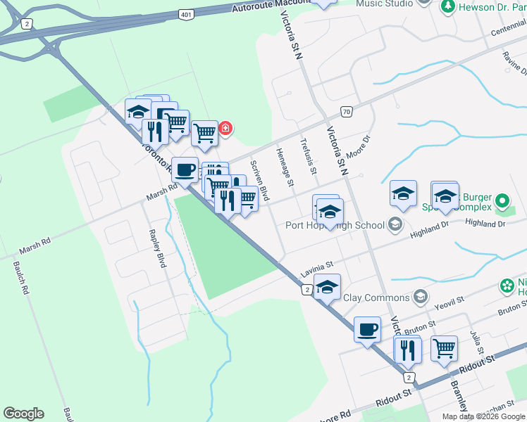 map of restaurants, bars, coffee shops, grocery stores, and more near 41 Freeman Drive in Port Hope