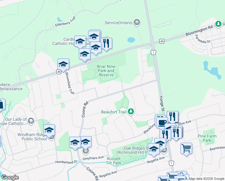 map of restaurants, bars, coffee shops, grocery stores, and more near 106 Coons Road in Richmond Hill