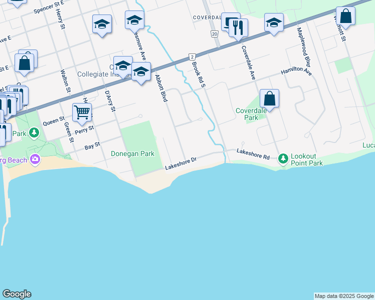 map of restaurants, bars, coffee shops, grocery stores, and more near 28 Abbott Boulevard in Cobourg