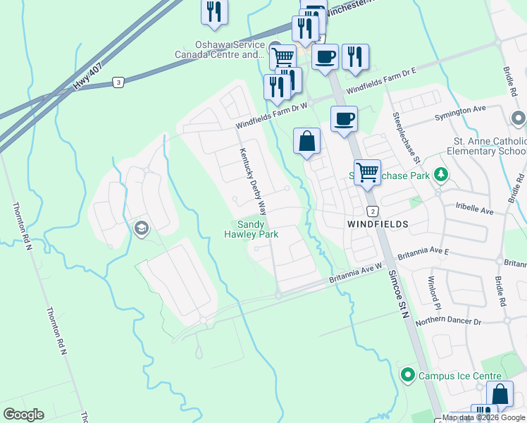 map of restaurants, bars, coffee shops, grocery stores, and more near Kentucky Derby Way in Oshawa