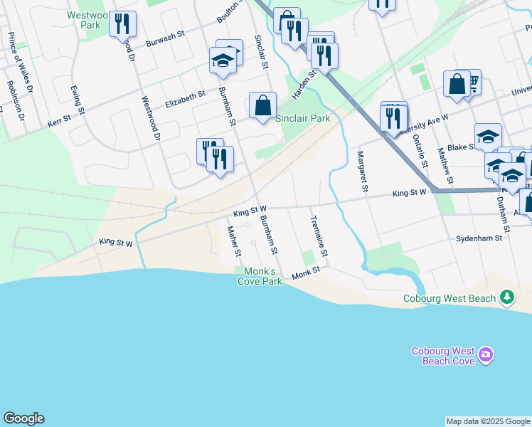 map of restaurants, bars, coffee shops, grocery stores, and more near 503 King Street West in Cobourg