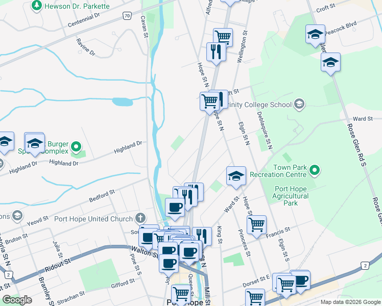 map of restaurants, bars, coffee shops, grocery stores, and more near 42 Margaret Street in Port Hope
