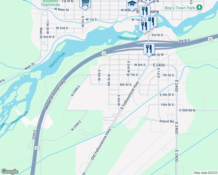 map of restaurants, bars, coffee shops, grocery stores, and more near 825 South 4th West in Saint Anthony