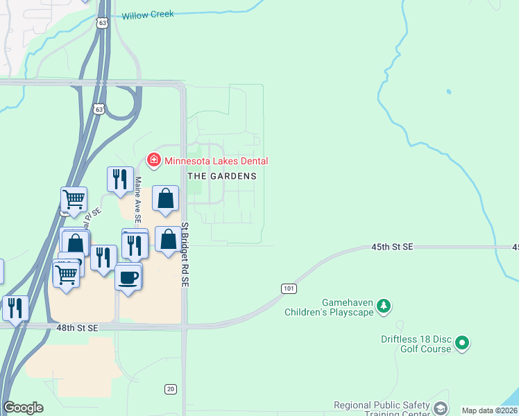 map of restaurants, bars, coffee shops, grocery stores, and more near 4300 Daffodil Avenue Southeast in Rochester