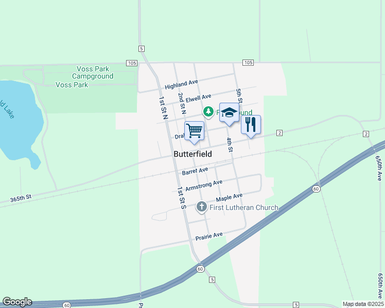 map of restaurants, bars, coffee shops, grocery stores, and more near in Butterfield