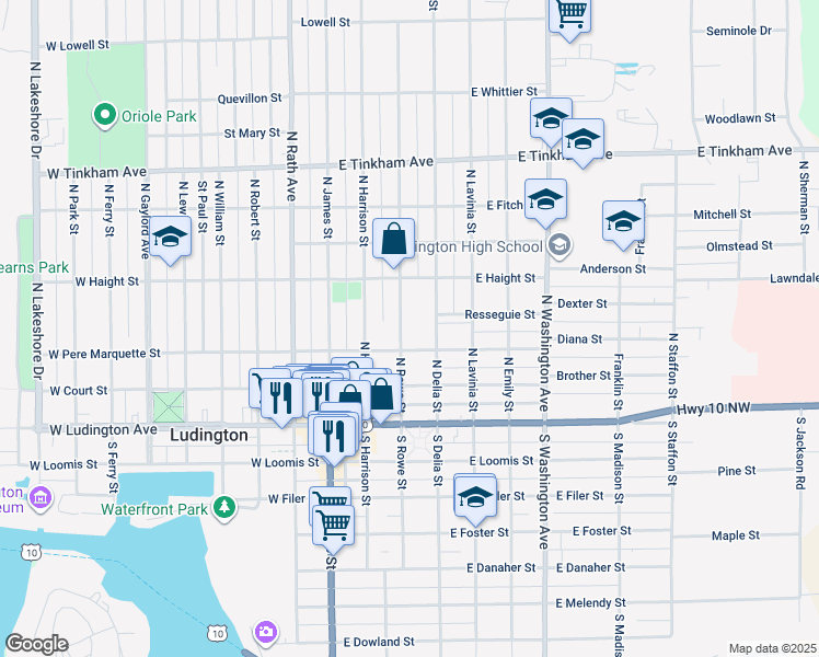 map of restaurants, bars, coffee shops, grocery stores, and more near 402 North Rowe Street in Ludington