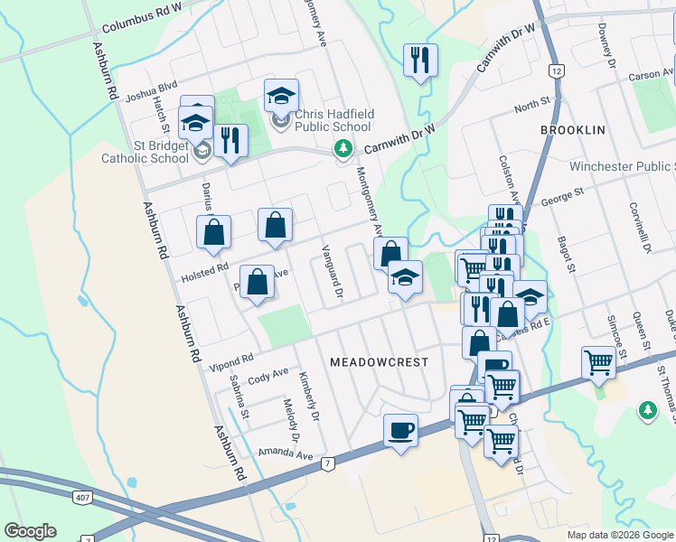 map of restaurants, bars, coffee shops, grocery stores, and more near 78 Vanguard Drive in Whitby