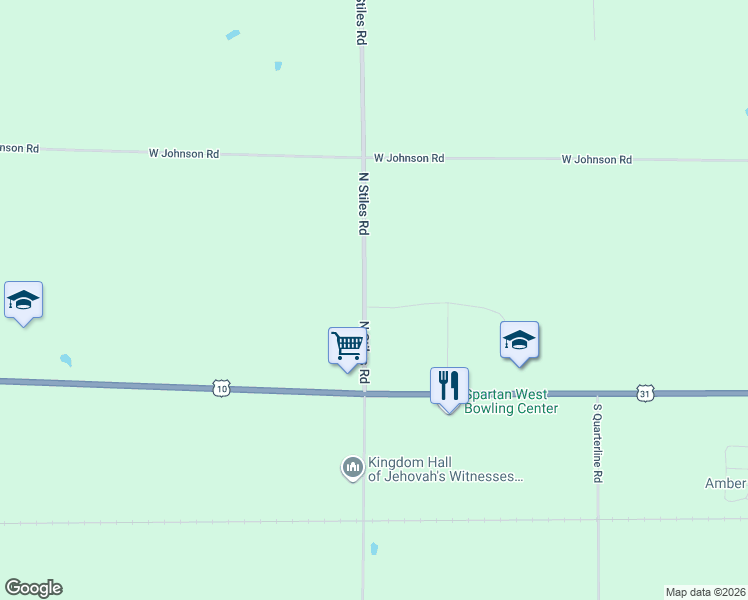 map of restaurants, bars, coffee shops, grocery stores, and more near 196 North Stiles Road in Ludington