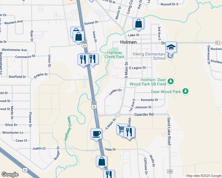 map of restaurants, bars, coffee shops, grocery stores, and more near 940 Linden Drive in Holmen