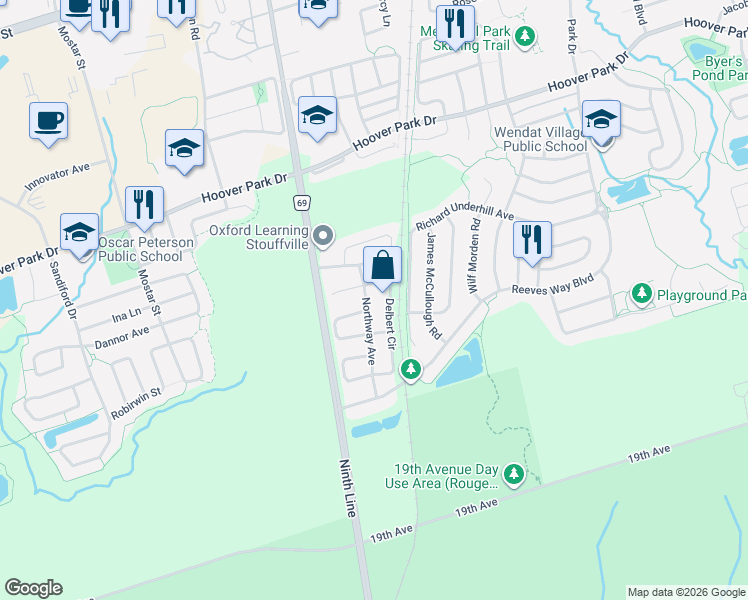 map of restaurants, bars, coffee shops, grocery stores, and more near 104 Northway Avenue in Whitchurch-Stouffville
