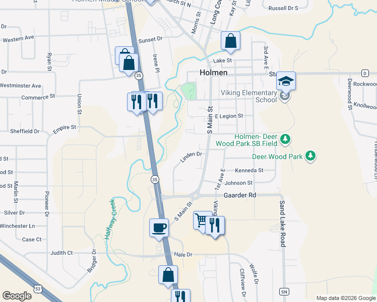 map of restaurants, bars, coffee shops, grocery stores, and more near 930 Linden Drive in Holmen