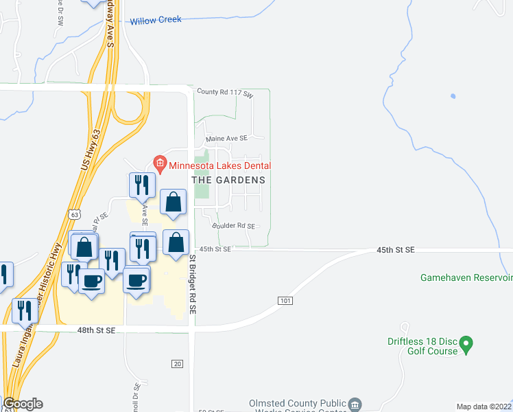 map of restaurants, bars, coffee shops, grocery stores, and more near 4315 Daffodil Avenue Southeast in Rochester
