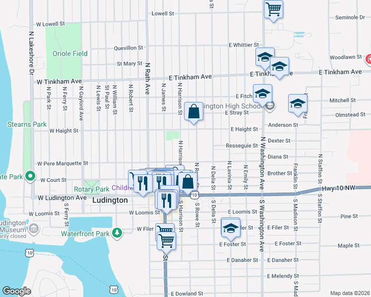 map of restaurants, bars, coffee shops, grocery stores, and more near 403 North Harrison Street in Ludington