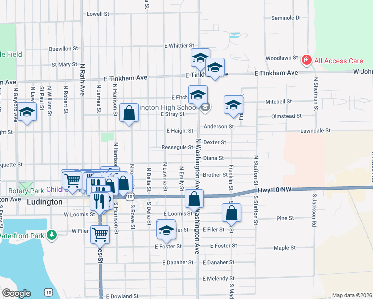 map of restaurants, bars, coffee shops, grocery stores, and more near 318 North Emily Street in Ludington