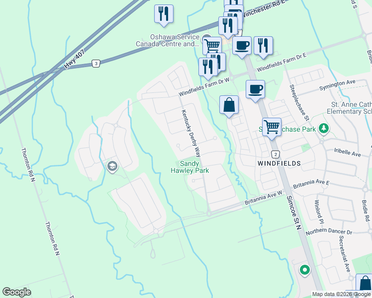 map of restaurants, bars, coffee shops, grocery stores, and more near 192 Miyako Court in Oshawa