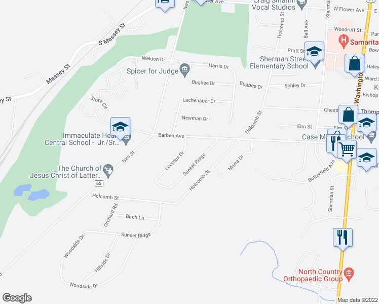 map of restaurants, bars, coffee shops, grocery stores, and more near 1331 Loomus Drive in Watertown
