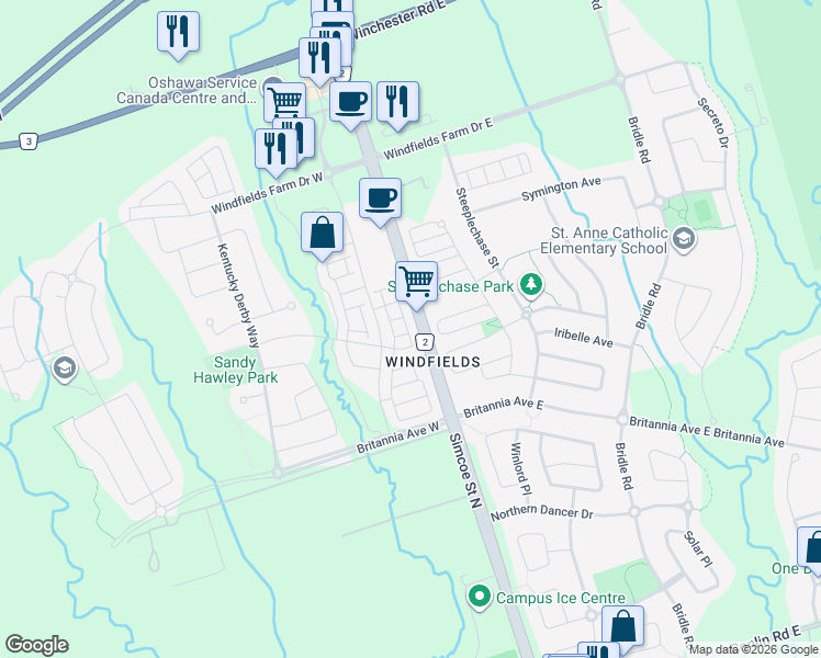 map of restaurants, bars, coffee shops, grocery stores, and more near 2562 Rosedrop Path in Oshawa