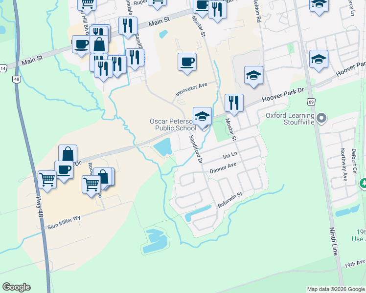 map of restaurants, bars, coffee shops, grocery stores, and more near 26 Merdock Court in Whitchurch-Stouffville