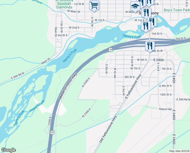 map of restaurants, bars, coffee shops, grocery stores, and more near 520 North 2300 East in Saint Anthony