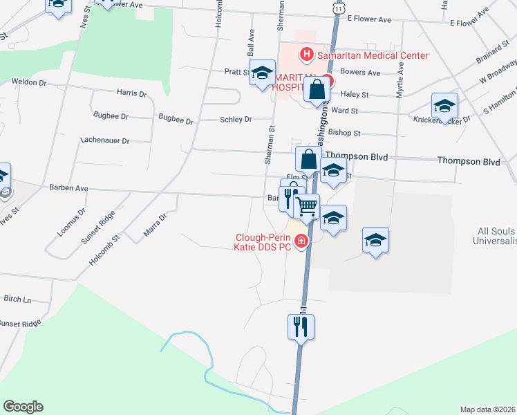 map of restaurants, bars, coffee shops, grocery stores, and more near 153 Barben Avenue in Watertown