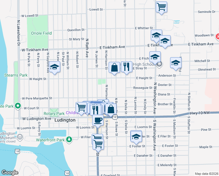 map of restaurants, bars, coffee shops, grocery stores, and more near 403 North Harrison Street in Ludington