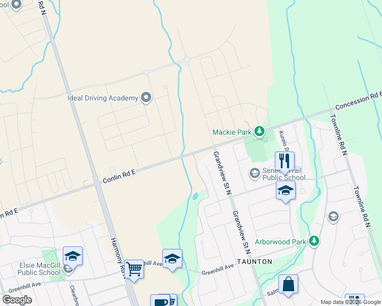 map of restaurants, bars, coffee shops, grocery stores, and more near 1290 Conlin Road East in Oshawa