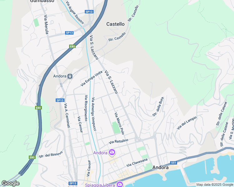 map of restaurants, bars, coffee shops, grocery stores, and more near 79 Via San Lazzaro in Marina di Andora