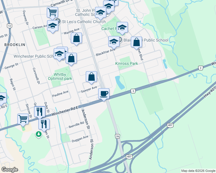 map of restaurants, bars, coffee shops, grocery stores, and more near 52 Bexley Crescent in Whitby