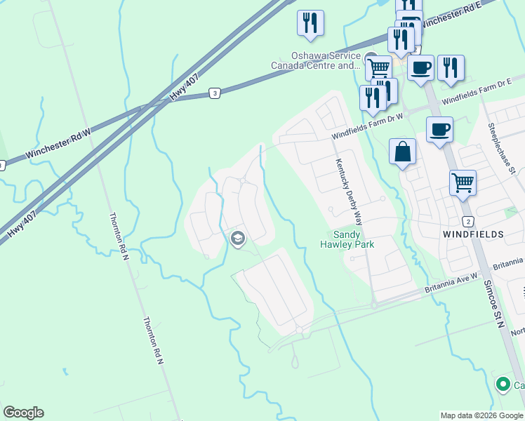 map of restaurants, bars, coffee shops, grocery stores, and more near 2521 Bandsman Crescent in Oshawa