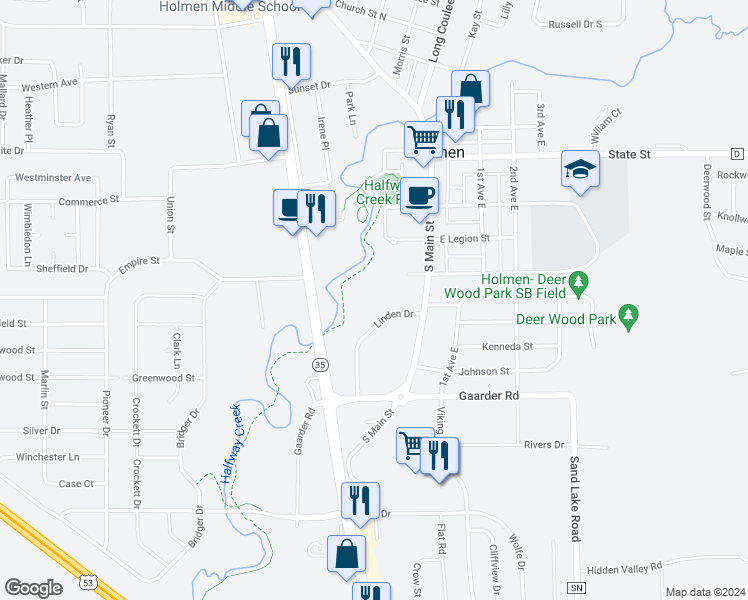 map of restaurants, bars, coffee shops, grocery stores, and more near 970 Linden Drive in Holmen