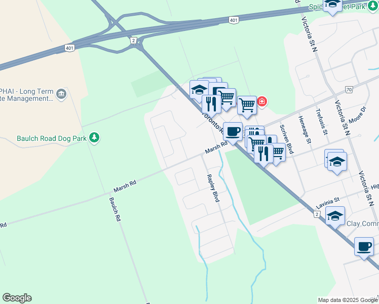 map of restaurants, bars, coffee shops, grocery stores, and more near 18 Marsh Road in Port Hope
