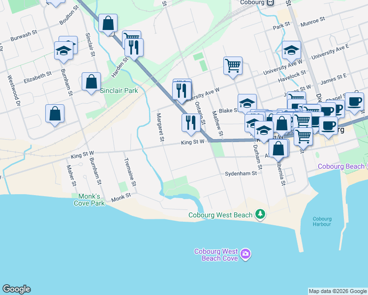 map of restaurants, bars, coffee shops, grocery stores, and more near 309 King Street West in Cobourg