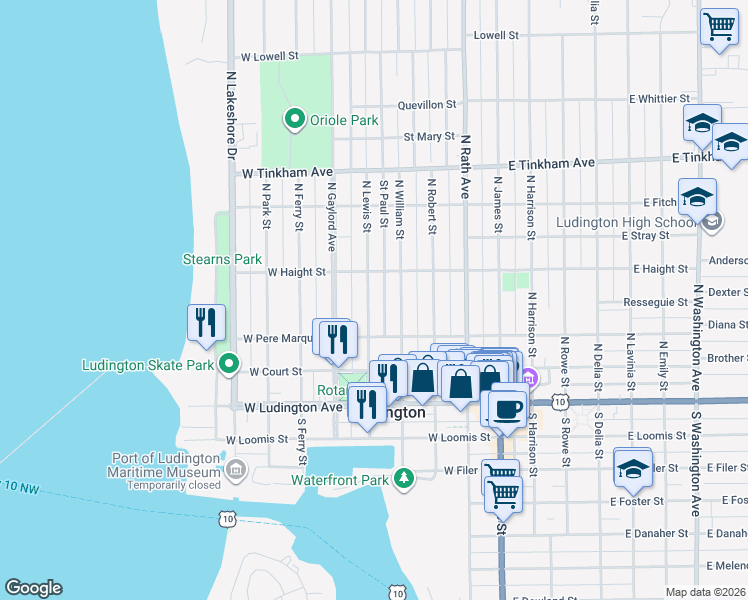 map of restaurants, bars, coffee shops, grocery stores, and more near 314 North Lewis Street in Ludington