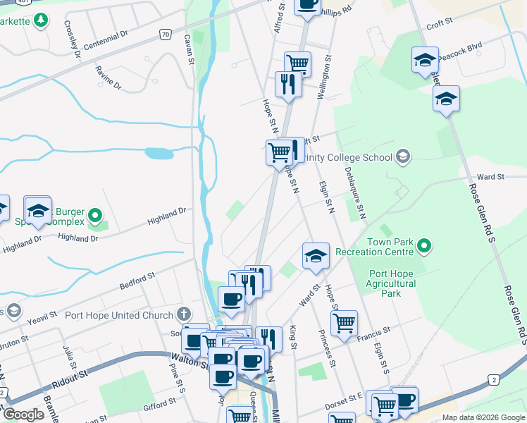 map of restaurants, bars, coffee shops, grocery stores, and more near 144 Ontario Street in Port Hope
