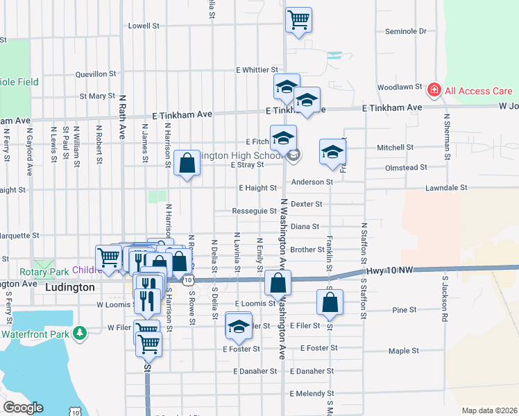 map of restaurants, bars, coffee shops, grocery stores, and more near 318 North Emily Street in Ludington