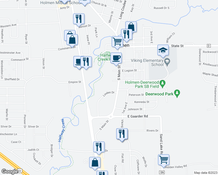 map of restaurants, bars, coffee shops, grocery stores, and more near 940 Linden Drive in Holmen