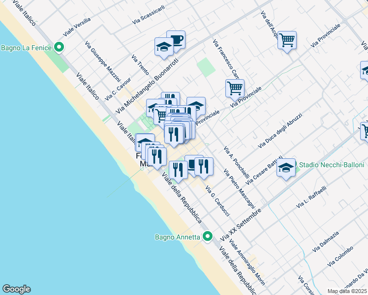 map of restaurants, bars, coffee shops, grocery stores, and more near 16 Via IV Novembre in Forte dei Marmi