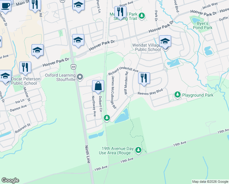 map of restaurants, bars, coffee shops, grocery stores, and more near 62 James McCullough Road in Whitchurch-Stouffville